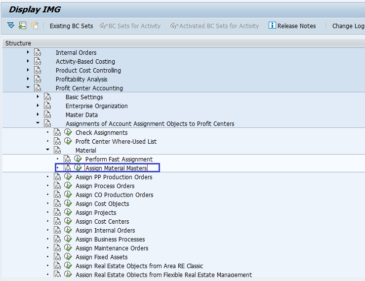 Assigning materials to profit center