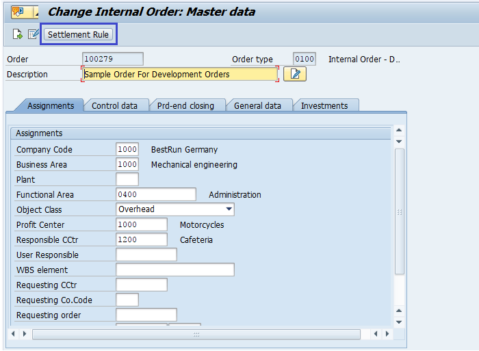 Internal order settlement 