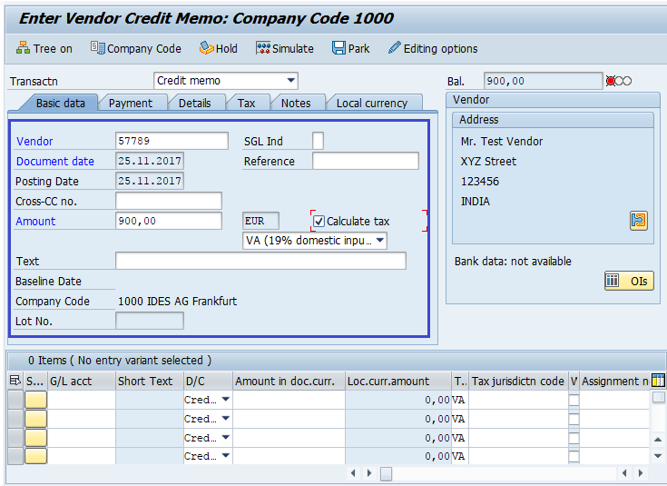 Credit Memo for Purchases Returns