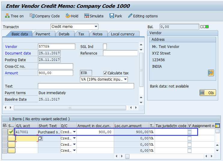 Credit Memo for Purchases Returns