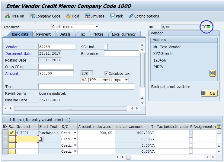 Credit Memo for Purchases Returns