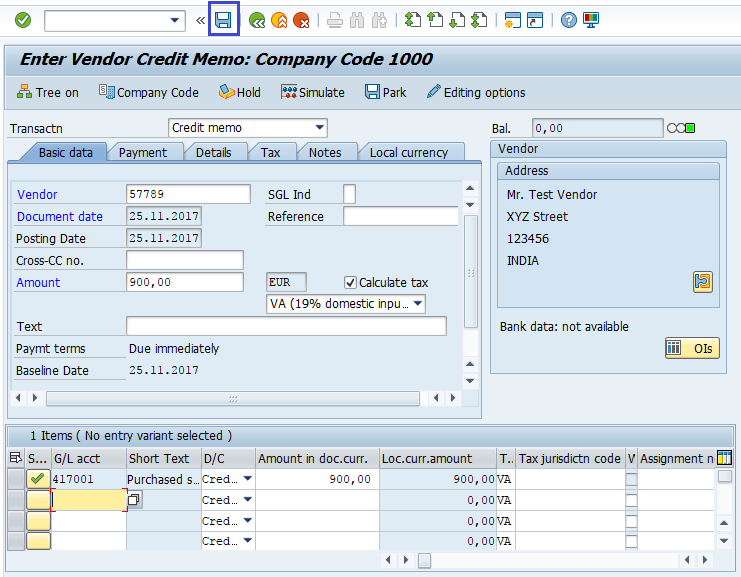 Credit Memo for Purchases Returns