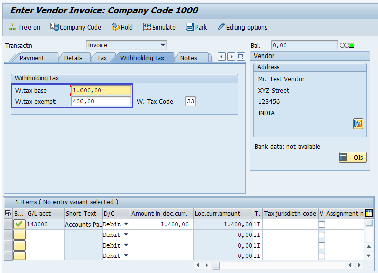 Withholding Tax during Vendor Invoice Posting