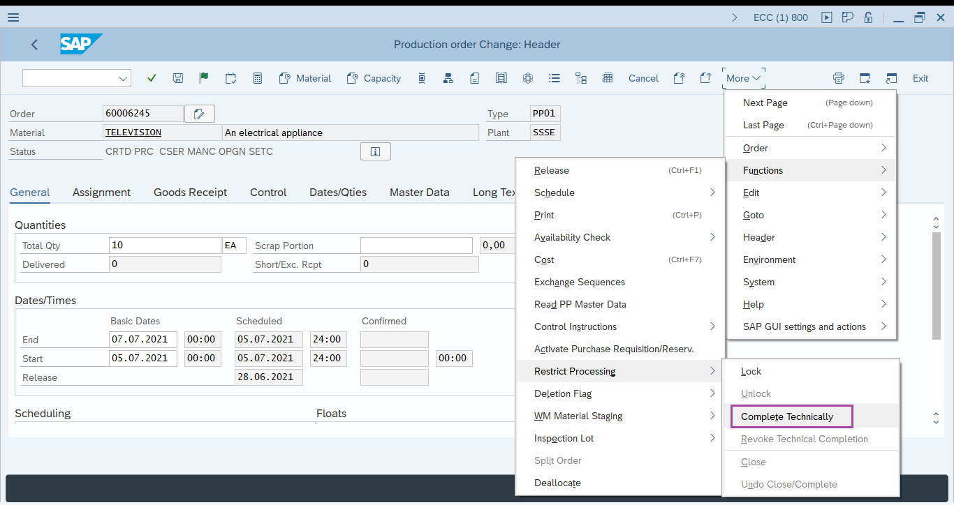 How to TECO  Production Order