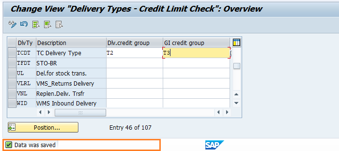 Assign sales documents and delivery types to credit group