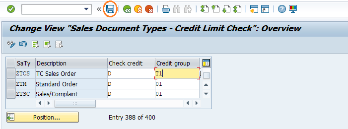 Assign sales documents and delivery types to credit group