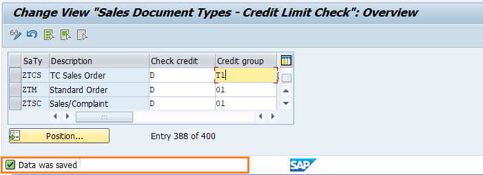 Assign sales documents and delivery types to credit group