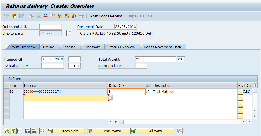 Create Return Delivery Document