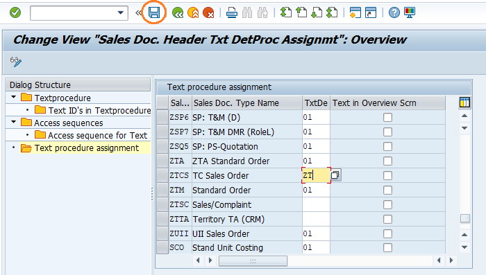 Text determination for sales document