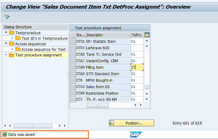 Text determination for sales document